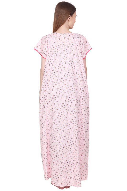 Floral Printed Cotton Night Gown with Pocket