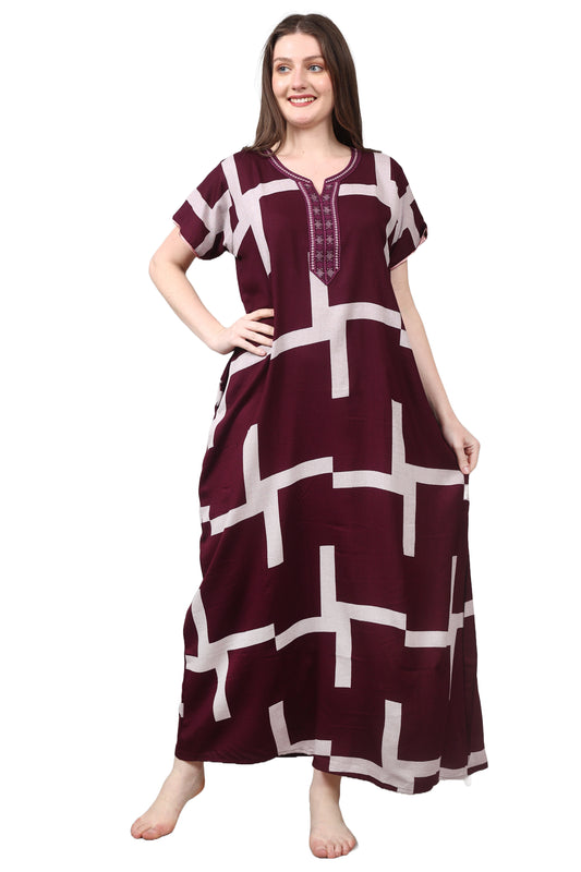 Girls And Moms Women’s Nightgown | Wine Color with Abstract Geometric Print | Embroidered Neck Sleepwear | Premium Lounge Gown