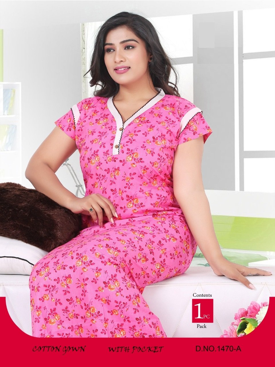 Floral Printed V Neck Ladies Cotton Night Gown.