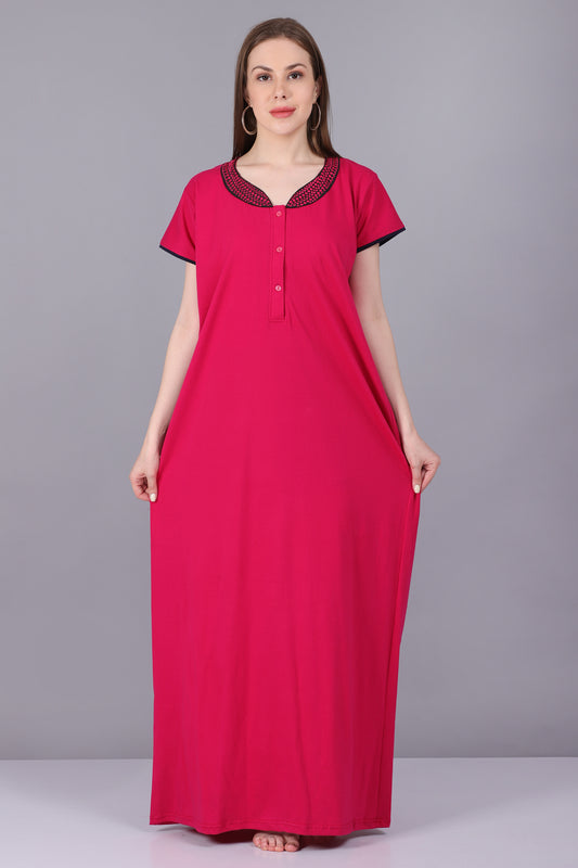 Camisón de mujer de color rosa liso con medias | Largo | Camisón | Cuello bordado | Con bolsillo