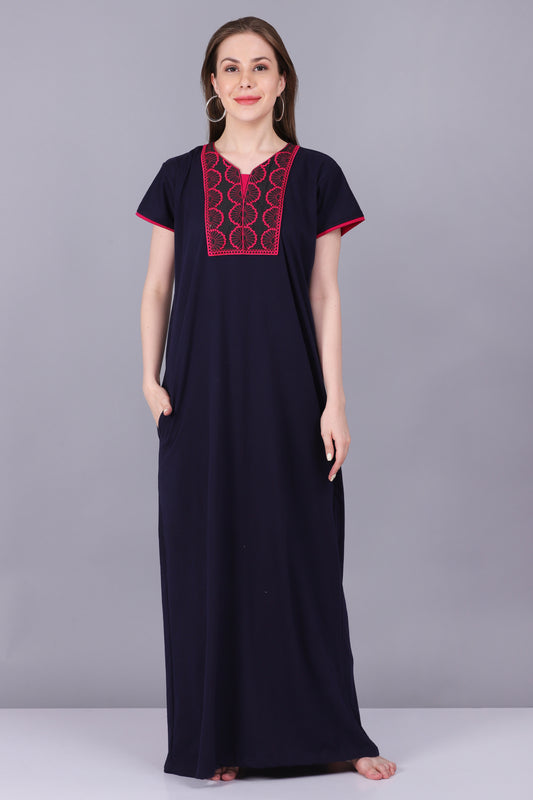 Camisón azul marino liso para mujer | Camisón largo | Cuello bordado | Con bolsillo