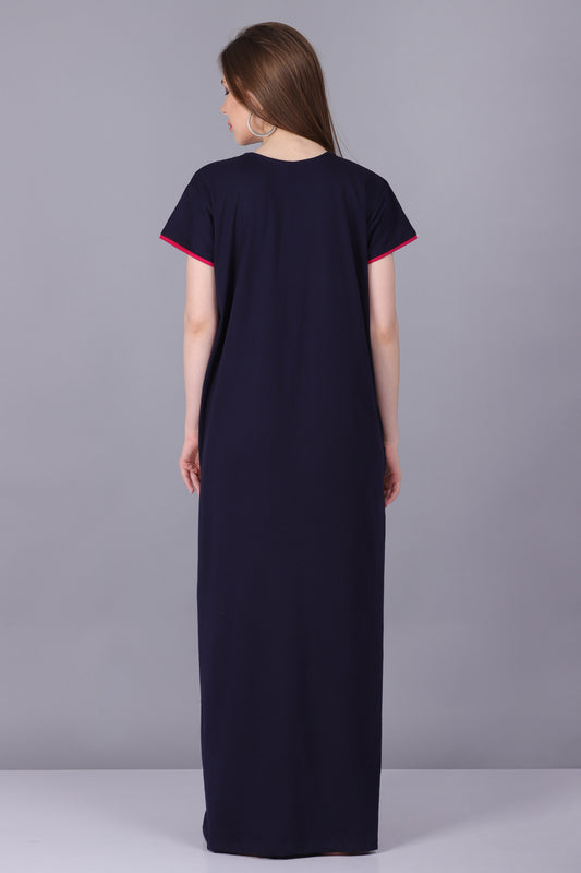 Women Hosiery Solid Navy Blue Night Gown | Maxi | Nighty | Embroidery Neck | With Pocket