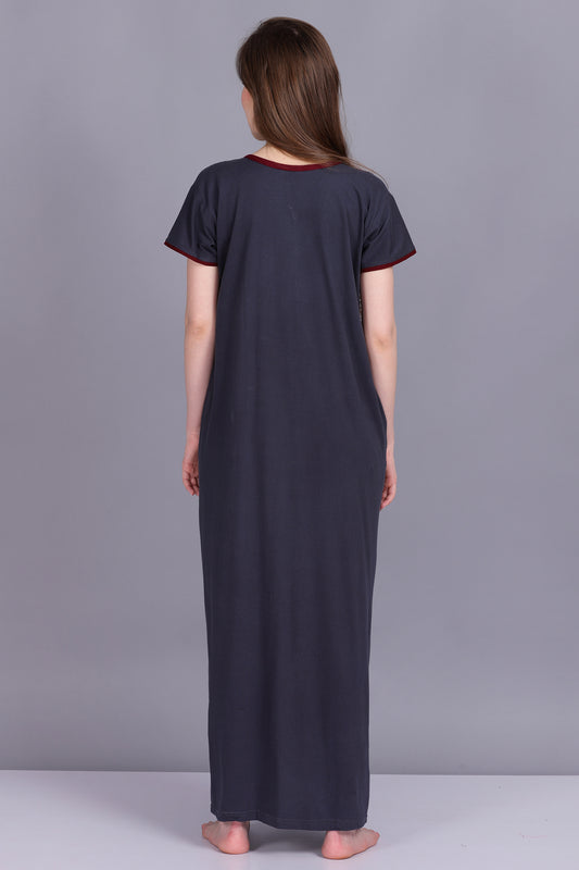 Women Hosiery Solid Grey Night Gown | Maxi | Nighty | Embroidery Neck | With Pocket