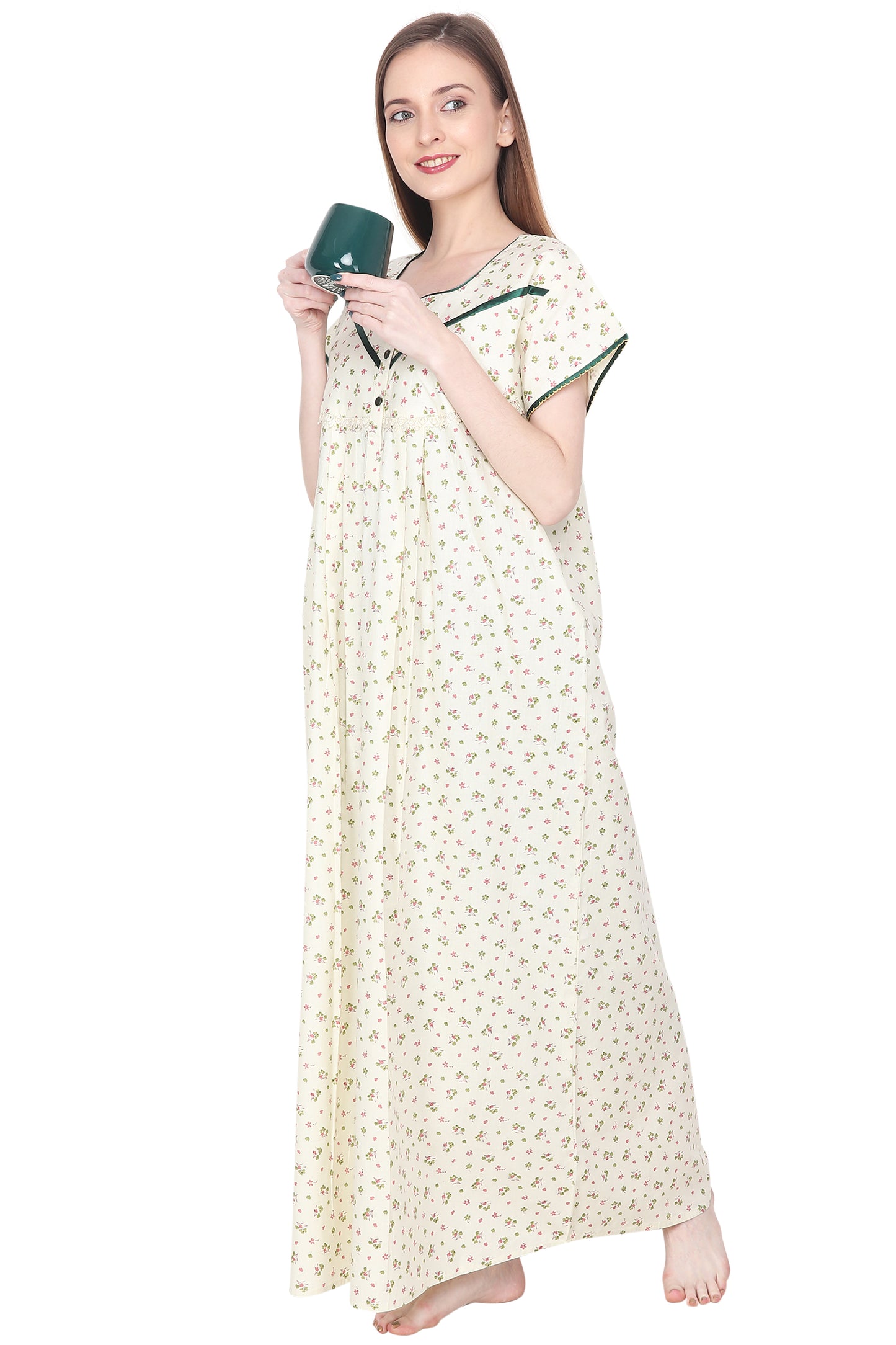 Floral Printed Cotton Night Gown with Pocket