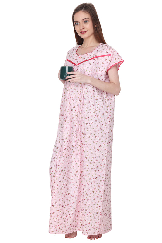 Floral Printed Cotton Night Gown with Pocket