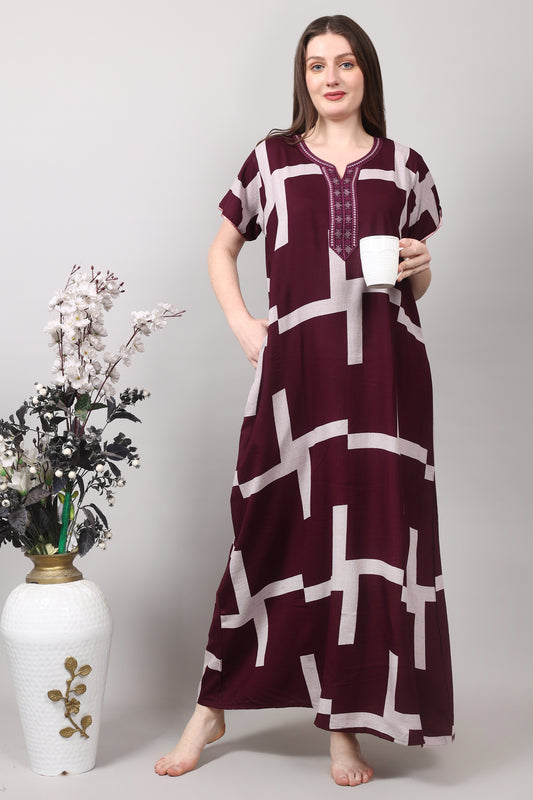 Girls And Moms Women’s Nightgown | Wine Color with Abstract Geometric Print | Embroidered Neck Sleepwear | Premium Lounge Gown