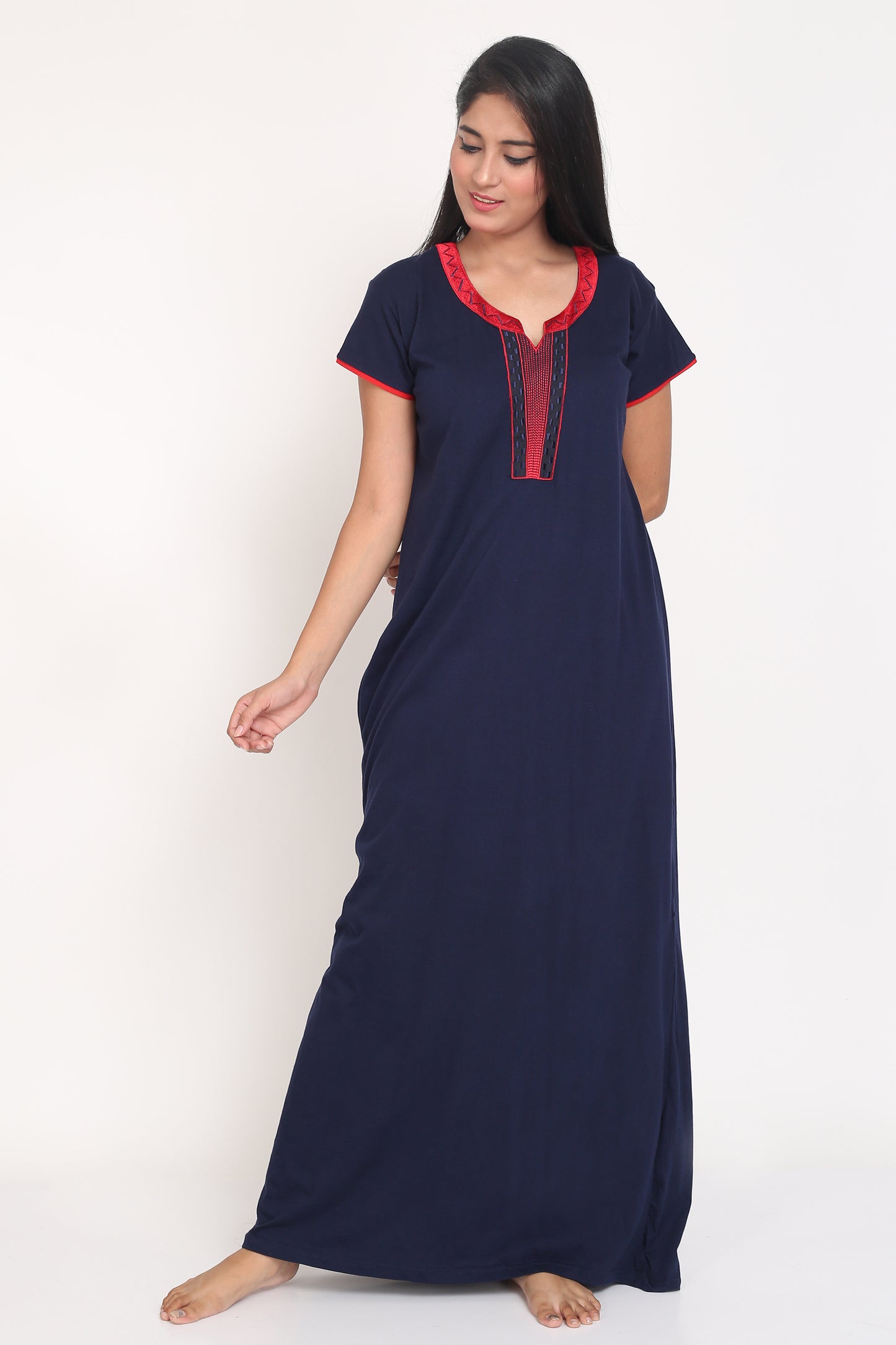 Women's Hosiery Navy Blue Plain Maxi Nightgown with Embroidery Neck