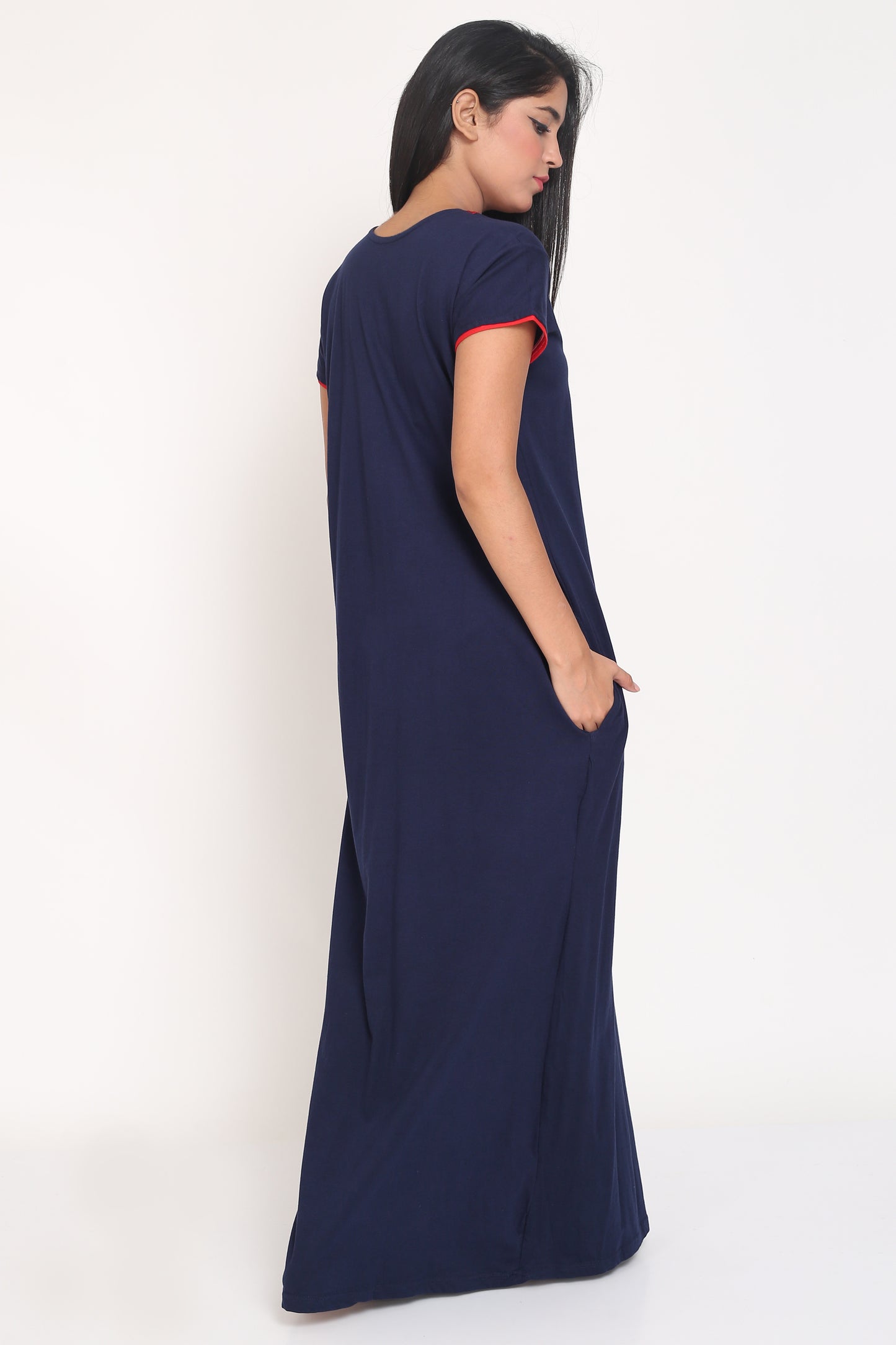 Women's Hosiery Navy Blue Plain Maxi Nightgown with Embroidery Neck