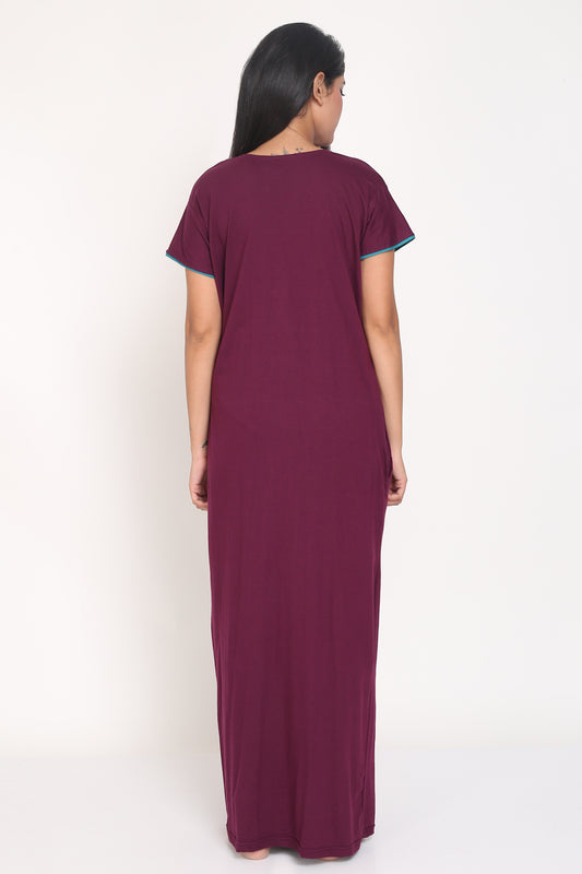 Women's Hosiery Purple Plain Maxi Nightgown with Embroidery Neck