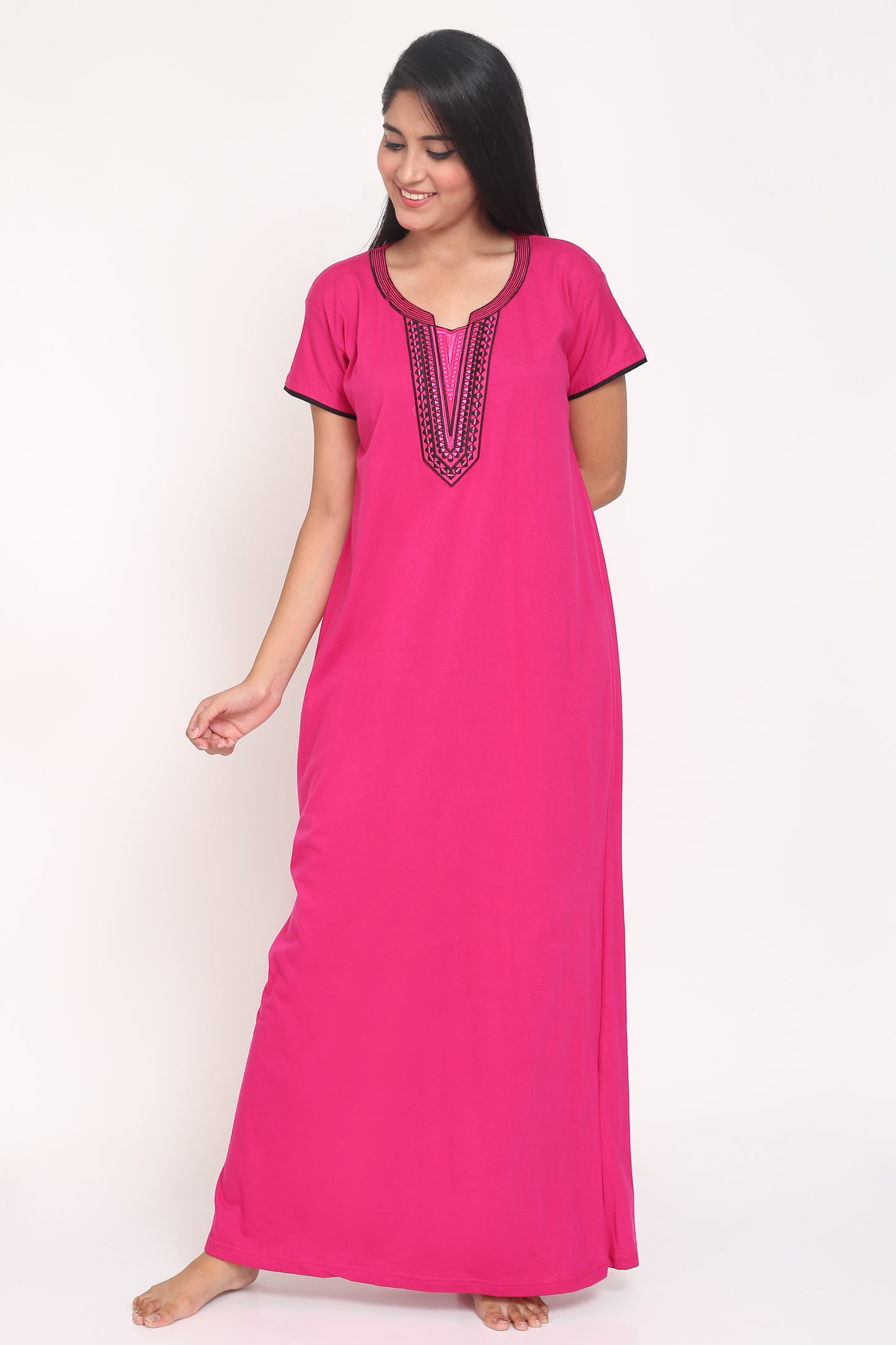 Women's Hosiery Pink Plain Maxi Nightgown with Embroidery Neck