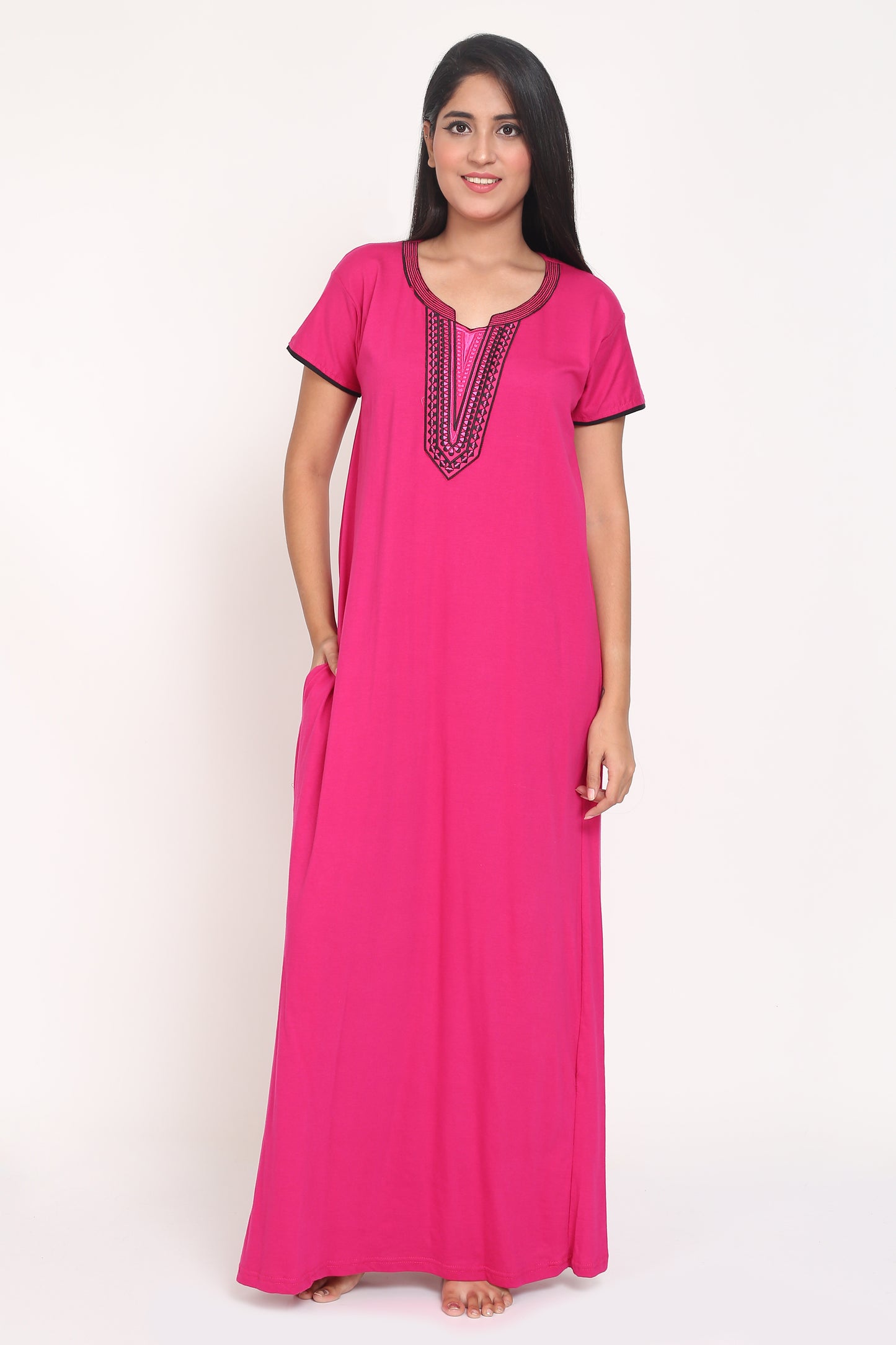 Women's Hosiery Pink Plain Maxi Nightgown with Embroidery Neck