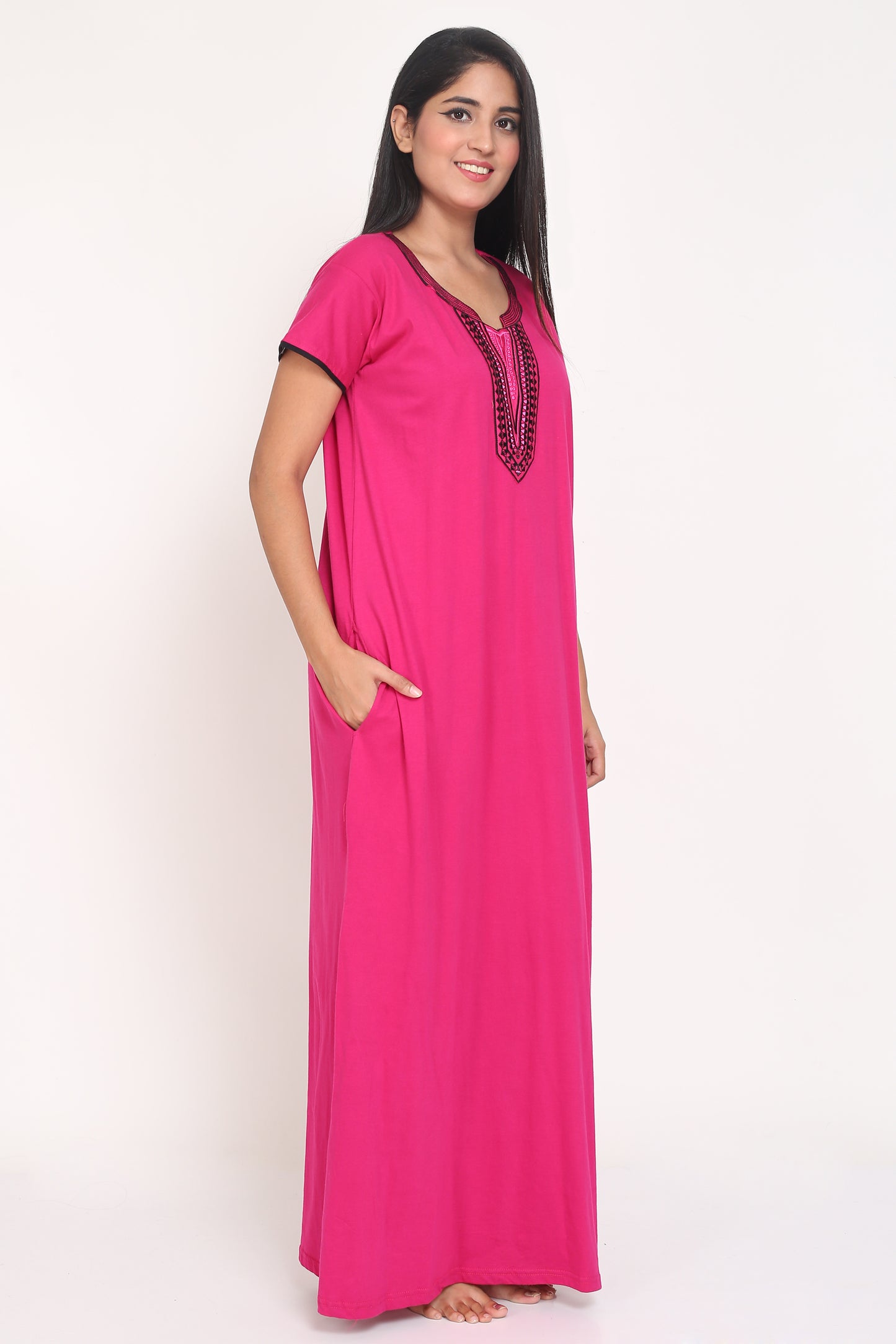 Women's Hosiery Pink Plain Maxi Nightgown with Embroidery Neck