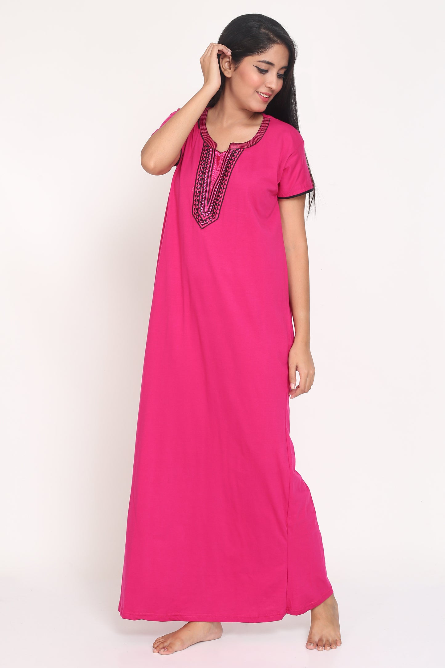 Women's Hosiery Pink Plain Maxi Nightgown with Embroidery Neck