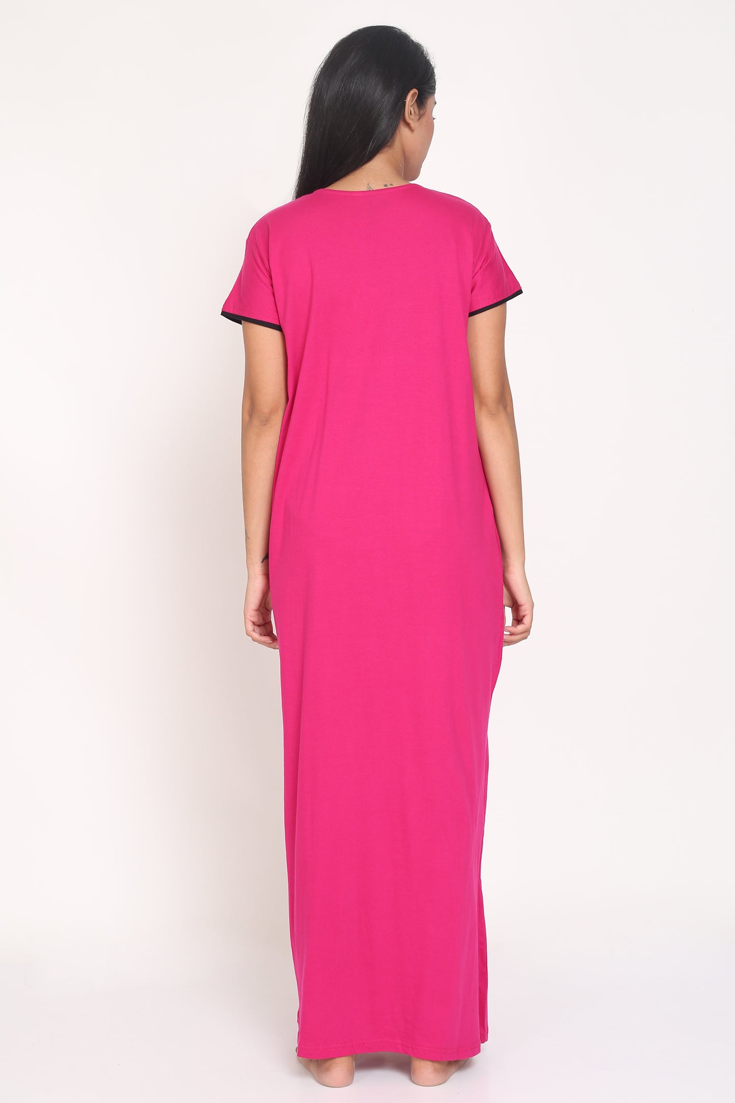 Women's Hosiery Pink Plain Maxi Nightgown with Embroidery Neck