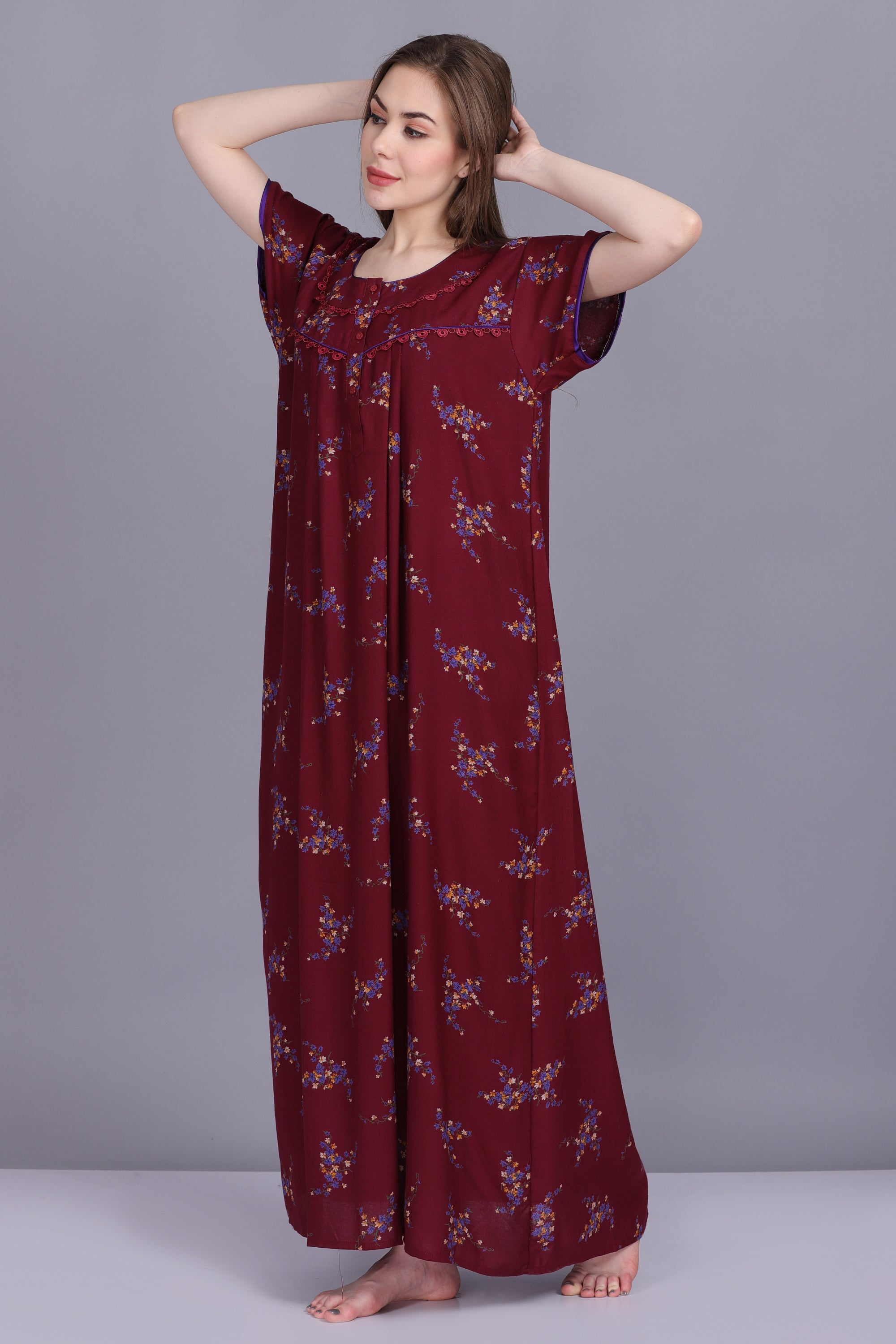 Women Hosiery Solid Magenta Night Gown | Maxi | Nighty | Embroidery Ne –  Girls And Moms