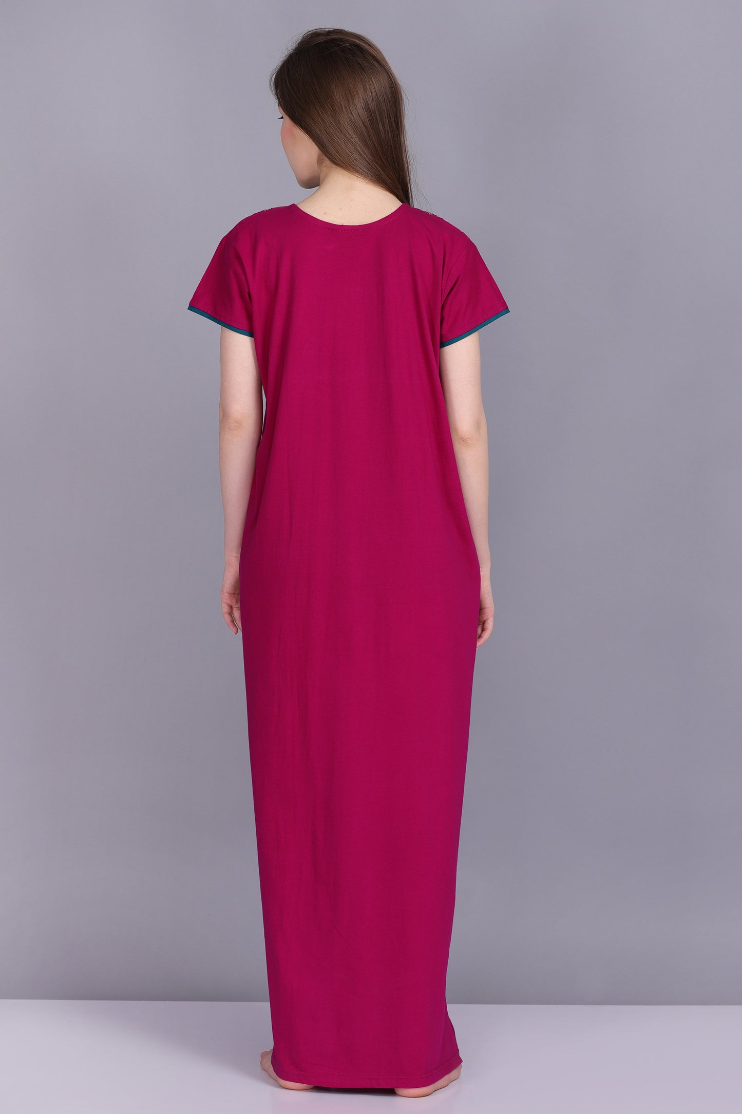 Women Hosiery Solid Magenta Night Gown | Maxi | Nighty | Embroidery Neck | With Pocket